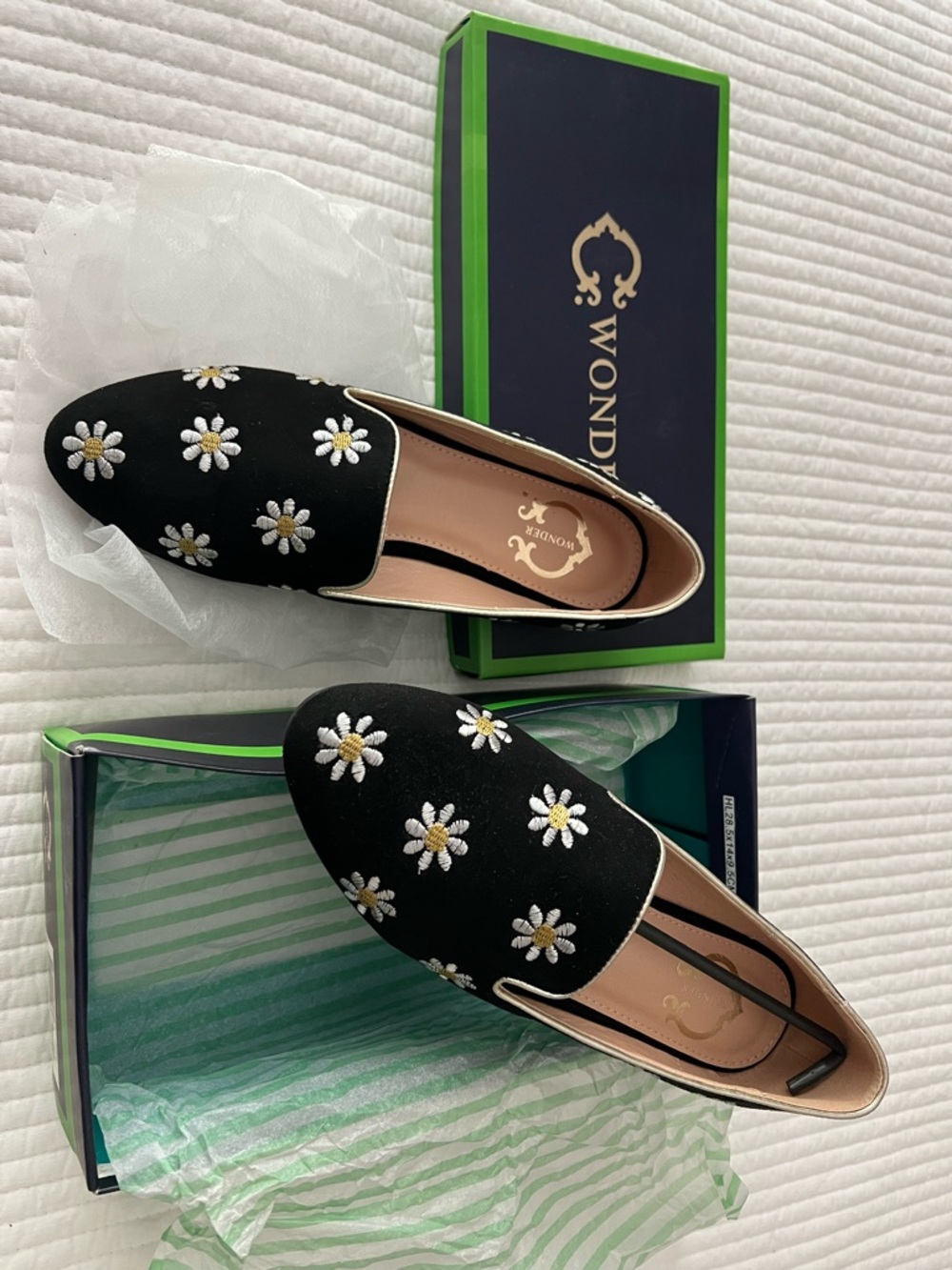C. Wonder Black Daisy Embroidered Slip-Ons
